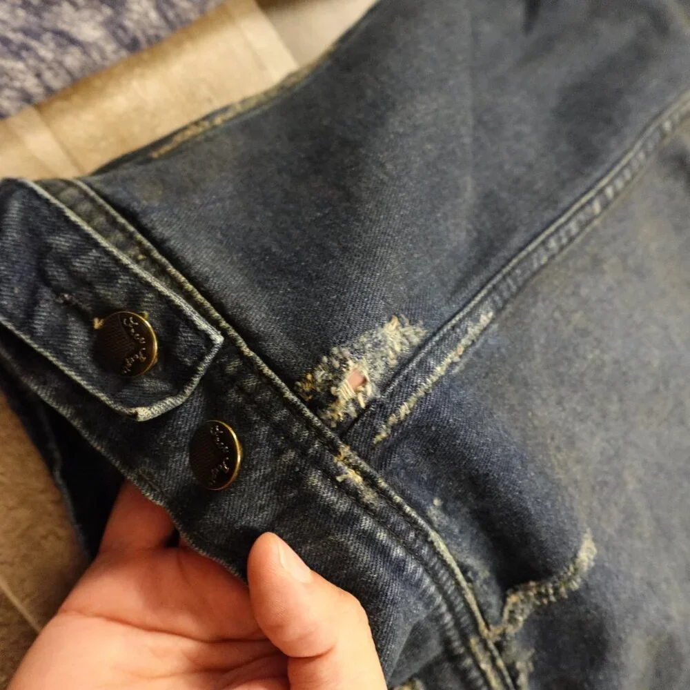 Free‎ People Denim Knit Sleeve Hoodie Jacket Women’s Medium Blue Distressed Boho - Picture 10 of 10